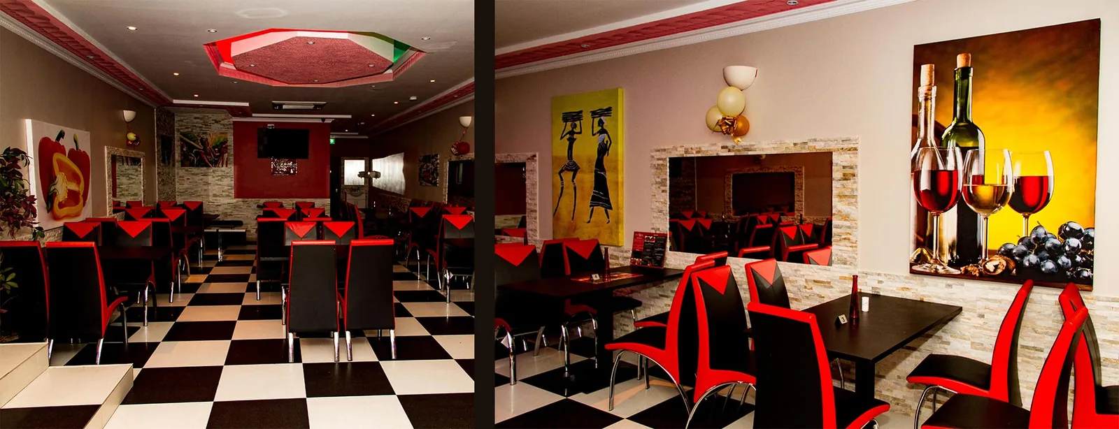 Wide view of the dining room with its chequered floor, red and black chairs and African wall art